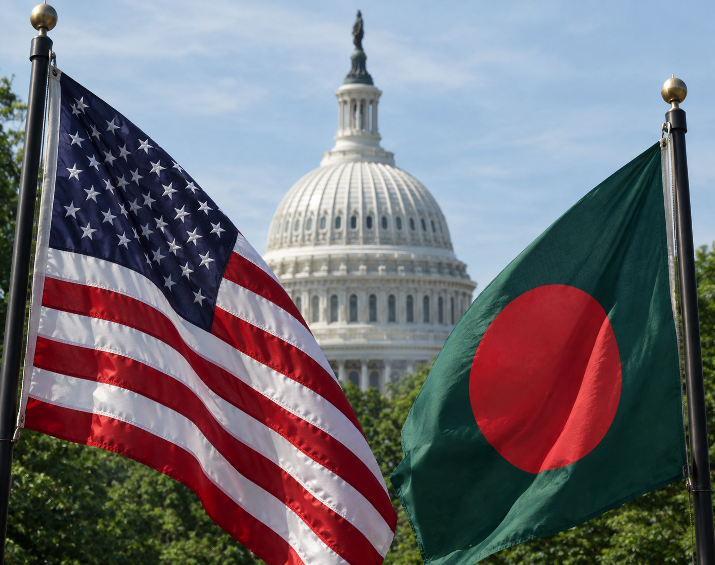 The United States flag on the left and Bangladesh flag on the right, framing the U.S. Capitol in Washington, D.C.